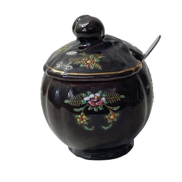 Redware Sugar Bowl Jam Jelly Jar Japan Vintage Hand Painted Ceramic 4.5" x 3.25" - Picture 1 of 9